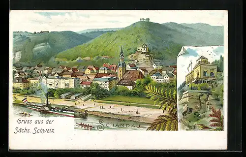 Lithographie Schandau, Gasthaus Schlossbastei, Totalansicht