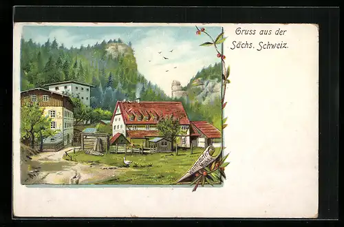 Lithographie Waltersdorfer Mühle, Gasthaus unter dem Berg