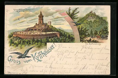 Lithographie Kyffhäuser, Rothenburg und Kaiser Wilhelm-Denkmal, Rabe