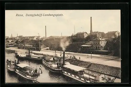 AK Riesa, Dampfschiff-Landungsplatz mit Ortsblick