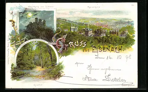 Lithographie Eisenach, Ortsansicht, Wartburg