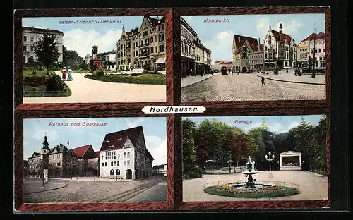 AK Nordhausen, auf dem Kornmarkt, am Kaiser Friedrich Denkmal, Rathaus und Sparkasse, Gehege