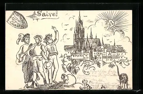 Künstler-AK Frankfurt /Main, Teilansicht mit Kirche, Wappen