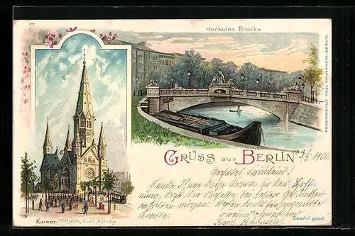 Lithographie Berlin, Herkules-Brücke mit Frachter, Kaiser-Wilhelm-Gedächtnis-Kirche