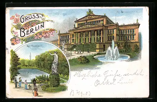 Lithographie Berlin, Kgl. Schauspielhaus und Goldfischteich, Gendarmenmarkt