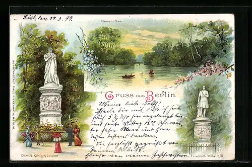 Lithographie Berlin-Tiergarten, Neuer See, Denkmal v. Königin Louise und Friedrich Wilhelm III.