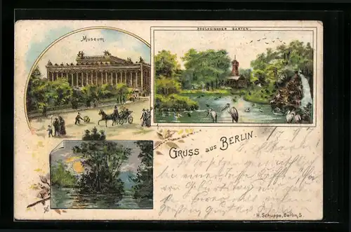 Lithographie Berlin-Charlottenburg, Zoologischer Garten, Museum, Uferpartie bei Mondschein