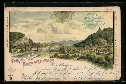 Sonnenschein-Lithographie Porta Westfalica, Panorama des Ortes