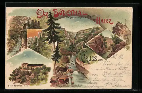 Lithographie Thale im Harz, Bodethal, Hotel zur Rosstrappe m Winzenburg, Bodekessel, Hirschgrund