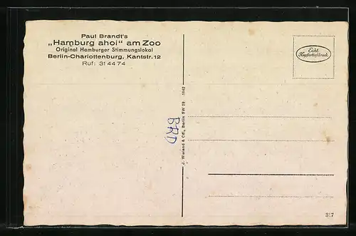 AK Berlin-Charlottenburg, Gasthaus Hamburg ahoi am Zoo, Kantstr. 12