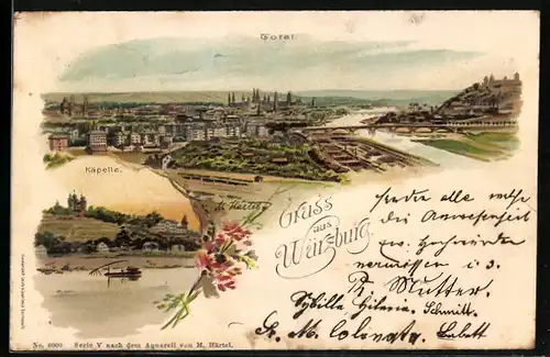 Lithographie Würzburg, Totalansicht, Käppelle