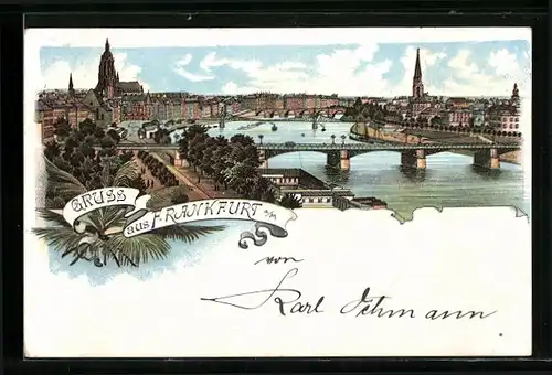 Lithographie Alt-Frankfurt, Mainansicht mit Dom und Brücken