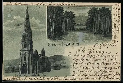 Mondschein-Lithographie Freiburg, Kirche, Waldsee