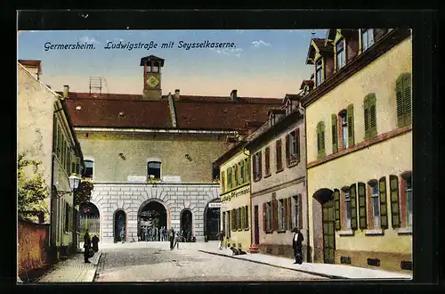 AK Germersheim, Ludwigstrasse mit Geschäften und Seysselkaserne