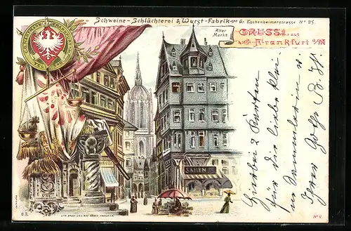 Lithographie Alt-Frankfurt, Alter Markt, Schweine-Schlächterei u. Wurst Fabrik C. G. Hartmann