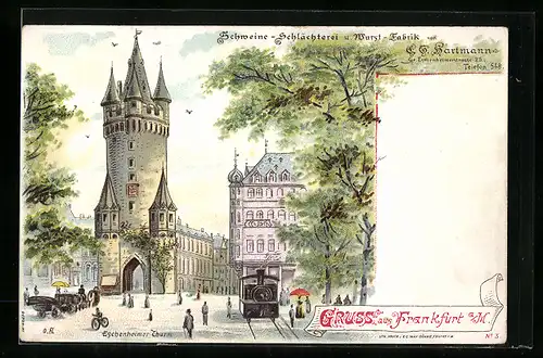 Lithographie Frankfurt a. M., Strassenpartie mit Strassenbahn und Eschenheimer Thurm