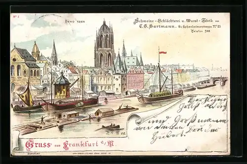 Lithographie Frankfurt, Schweine-Schlächterei und Wurst-Fabrik von C. G. Hartmann 1864