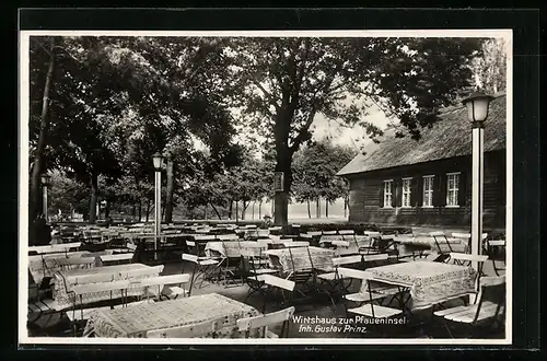 AK Berlin-Wannsee, Wirtshaus zur Pfaueninsel, Inh. Gustav Prinz mit Terrasse