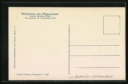 AK Berlin-Wannsee, Wirtshaus zur Pfaueninsel, Inh. Gustav Prinz mit Terrasse