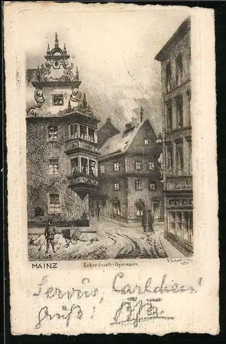 Lithographie Mainz, Erker des alten Gymnasium