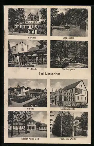 AK Bad Lippspringe, Kursaal, Lippequelle, Trinkhalle, Jordanquelle, Kaiser-Karls-Bad