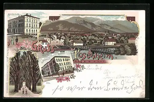 Lithographie Rosenheim, Gymnasium, Realschule, Loretto-Allee