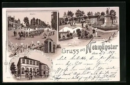Lithographie Neumünster, Bahnhof-Hotel, Kleinflecken mit Kriegerdenkmal, Mühlenteich