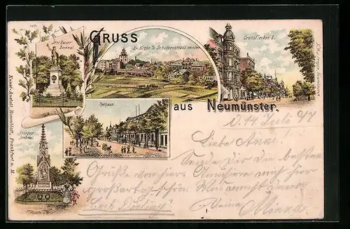 Lithographie Neumünster, Ortsansicht, Drei Kaiser-Denkmal, Strassenpartie mit Rathaus