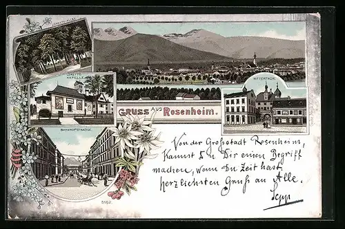 Lithographie Rosenheim, Loretto-Kapelle, Mittertor, Bahnhofstrasse