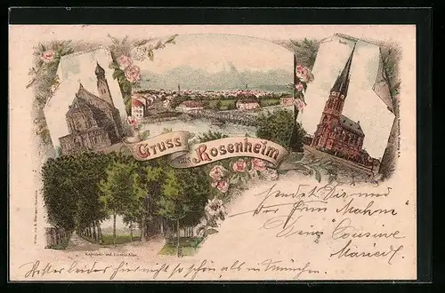Lithographie Rosenheim, Katholische Pfarrkirche, Protestantische Kirche, Kapuziner und Loretto-Allee