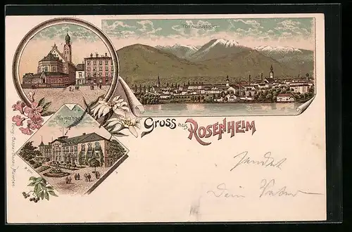 Lithographie Rosenheim, Totalansicht mit katholischer Kirche und dem Kaiserbad