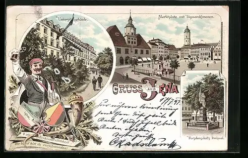 Lithographie Jena, Universitätsgebäude, Burschenschaftsdenkmal, Marktplatz mit Bismarckbrunnen, Burschenschafter