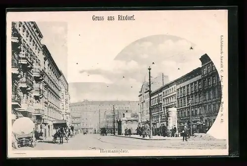 AK Rixdorf, Hermannplatz mit Litfasssäule