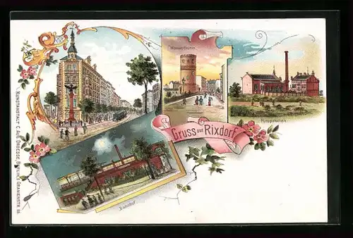 Lithographie Rixdorf, Pumpstation, Bahnhof bei Mondschein, Wasserturm