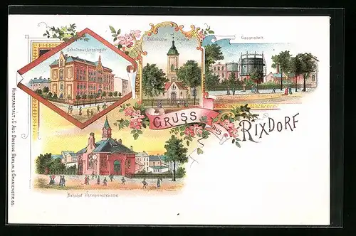 Lithographie Rixdorf, Gasanstalt, Schulhaus Lessingstrasse, Bahnhof Hermannstrasse