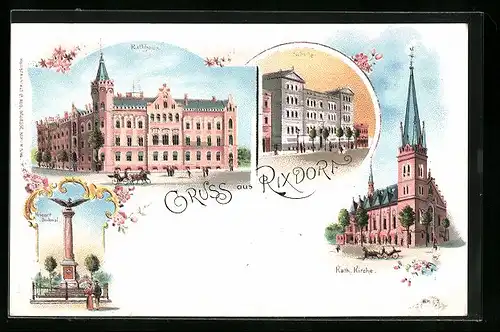 Lithographie Rixdorf, Rathaus, Katholische Kirche, Schule