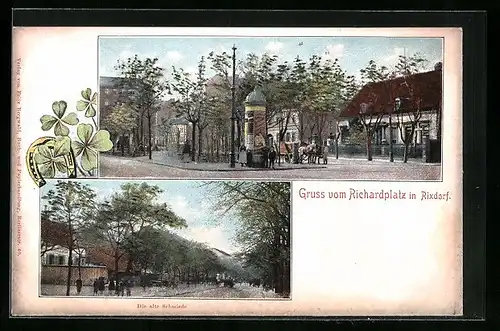 AK Rixdorf, Die alte Schmiede am Richardplatz, Strassenpartie mit Litfasssäule