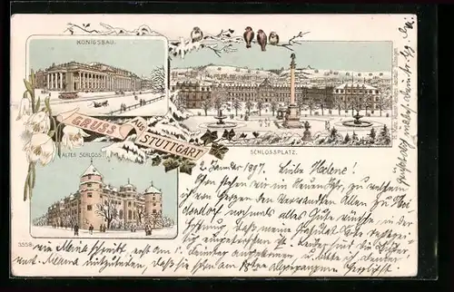 Winter-Lithographie Stuttgart, Schlossplatz, Königsbau, Altes Schloss