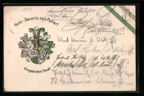 Künstler-AK Leipzig, Ferro-Saxonia sei`s Panier!, Ritterhelm und Studentenwappen