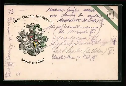 Künstler-AK Leipzig, Ferro-Saxonia sei`s Panier!, Ritterhelm und Studentenwappen