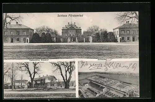 AK München-Fürstenried, Restaurant Kreuzhof, Sonnenbad, Strassenpartie mit Schloss