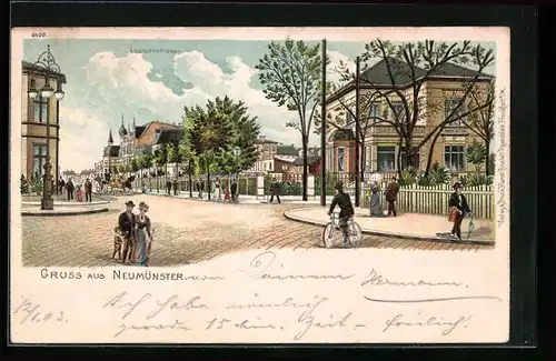 Lithographie Neumünster, Flaneure und Radfahrer in der Louisenstrasse