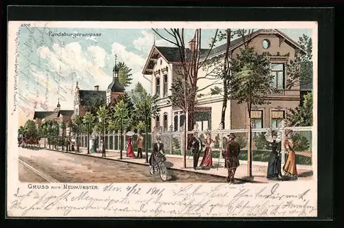 Lithographie Neumünster, Rendsburgerstrasse mit Passanten und Radfahrerin