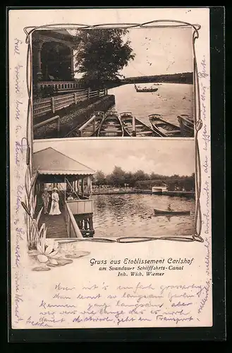 AK Berlin-Spandau, Gaststätte Etablissement Carlshof W. Wiemer am Schiffahrtskanal, mit Wasserblick und Booten