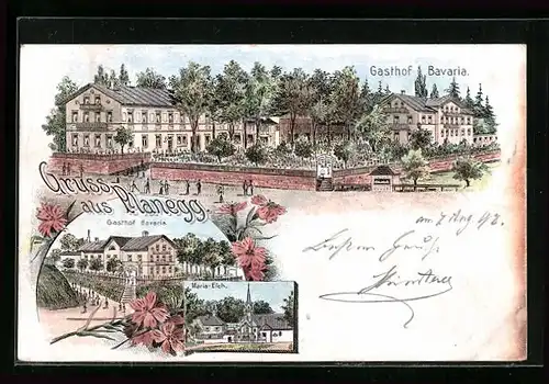 Lithographie Planegg, Gasthof Bavaria und Kirche Maria-Eich