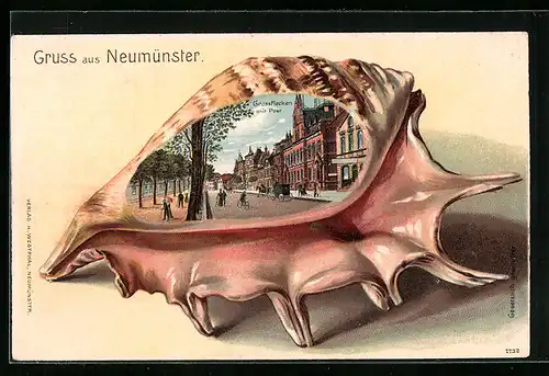 Passepartout-Lithographie Neumünster, Grossflecken mit Post in einer Muschel