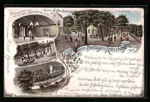 Lithographie Darmstadt, Gasthaus Heiligkreuzberg Gartenwirtschaft, Inneres Tanzsaal, Eingang