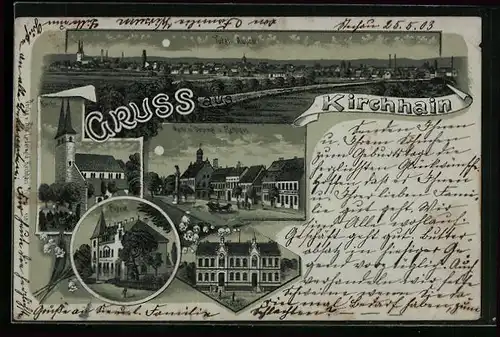 Lithographie Kirchhain, Postamt, Kirche, Markt mit Denkmal & Rathaus, Schule, Totalansicht