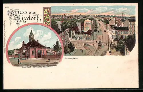 Lithographie Rixdorf, Bahnhof Hermannstrasse, Hermannplatz mit Strassenbahn