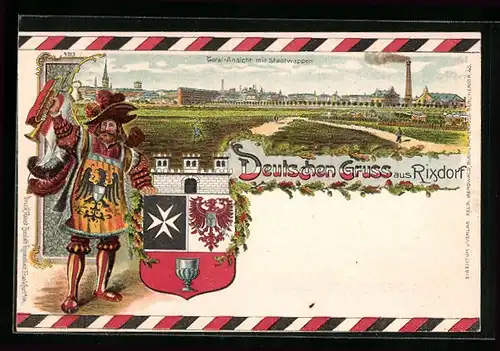 Lithographie Rixdorf, Totalansicht mit Stadtwappen